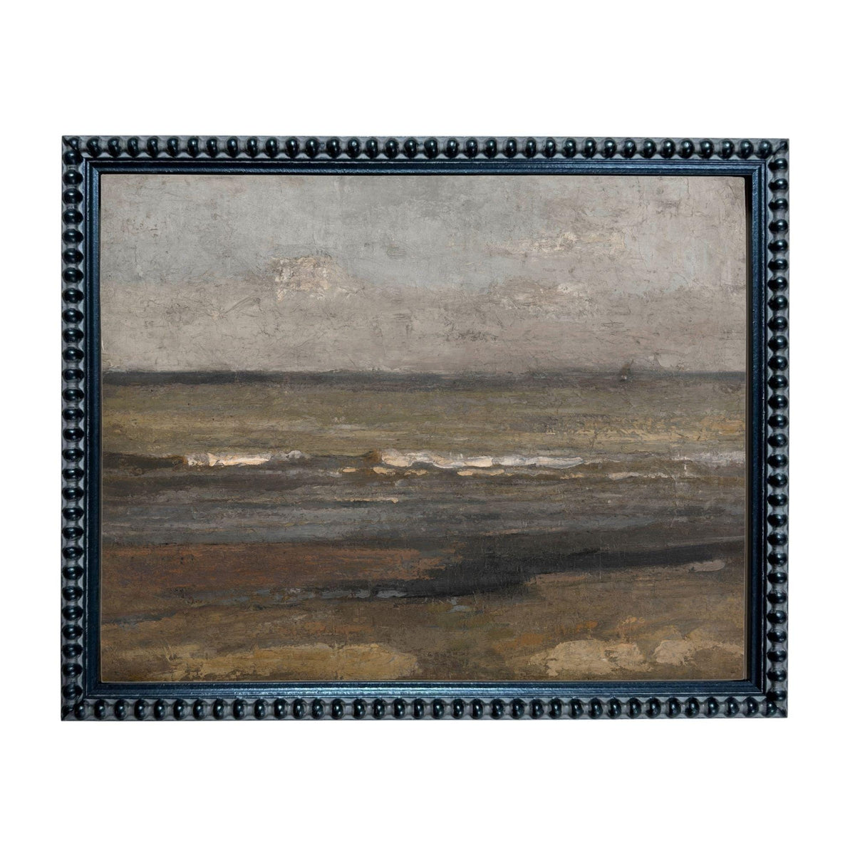 The image is a framed painting depicting a serene landscape of a body of water, possibly a lake or ocean, with a cloudy sky in the background.