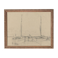 A framed sketch of two boats on a body of water, with a coastal landscape in the background.