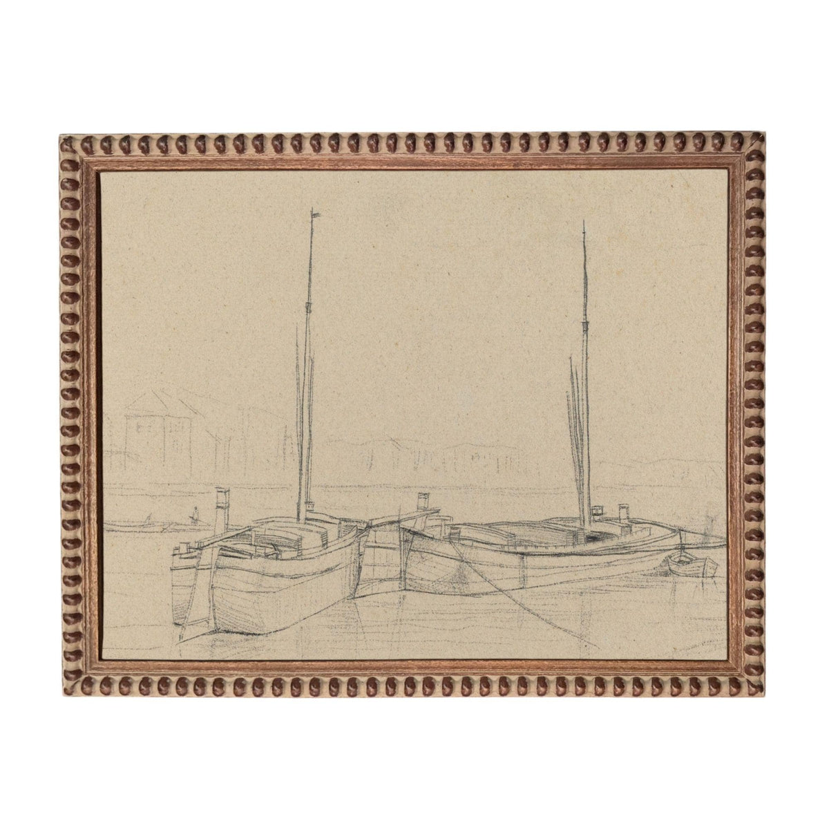A framed sketch of two boats on a body of water, with a coastal landscape in the background.