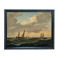 a large sailing ship with two masts navigating through rough seas, with another smaller ship visible in the distance.