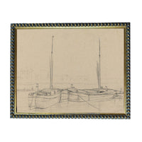 A framed sketch of two boats on a body of water, with a coastal landscape in the background.