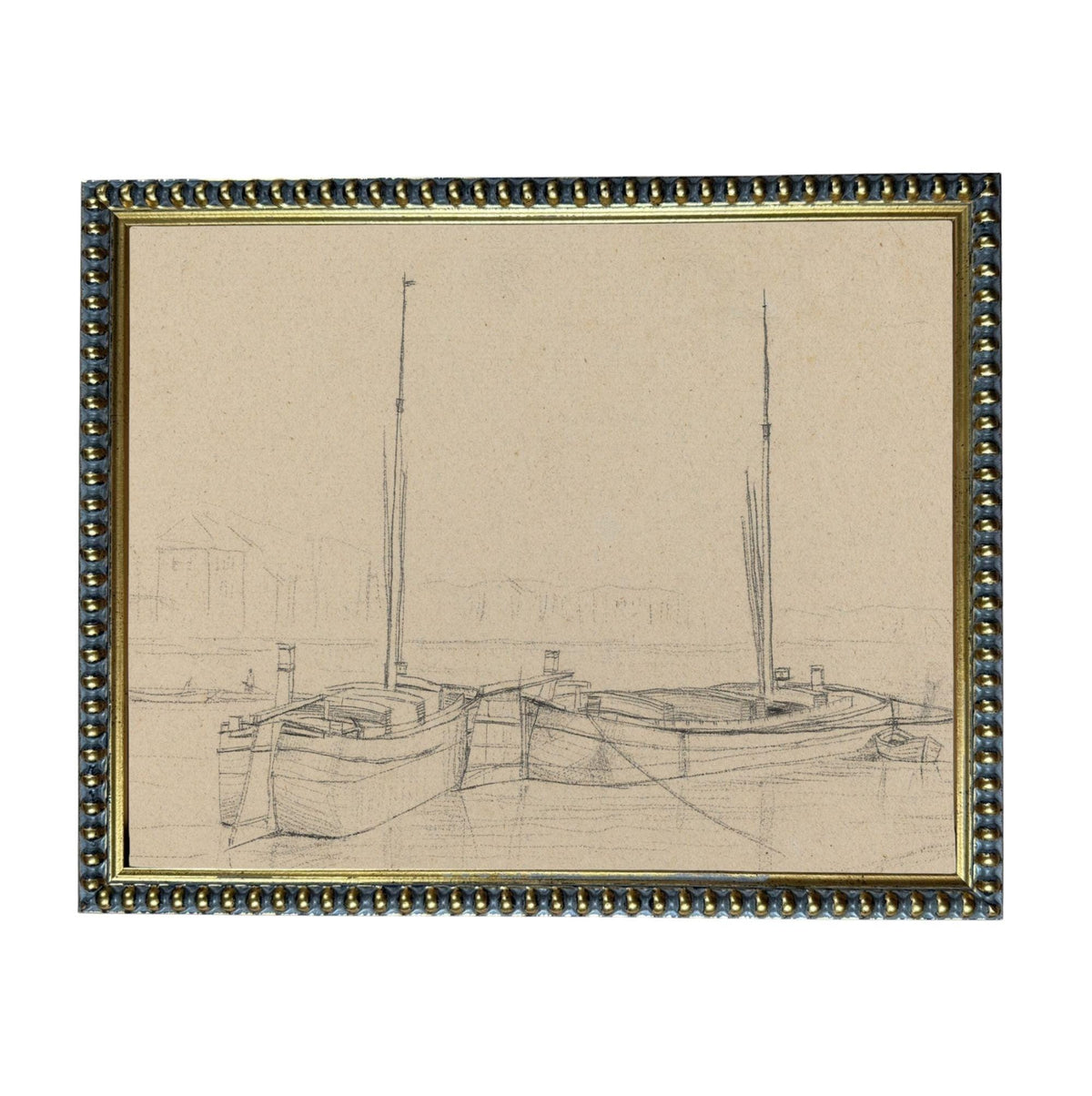 A framed sketch of two boats on a body of water, with a coastal landscape in the background.