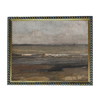 The image is a painting of a serene landscape depicting a body of water, possibly a lake or ocean, with a cloudy sky in the background.