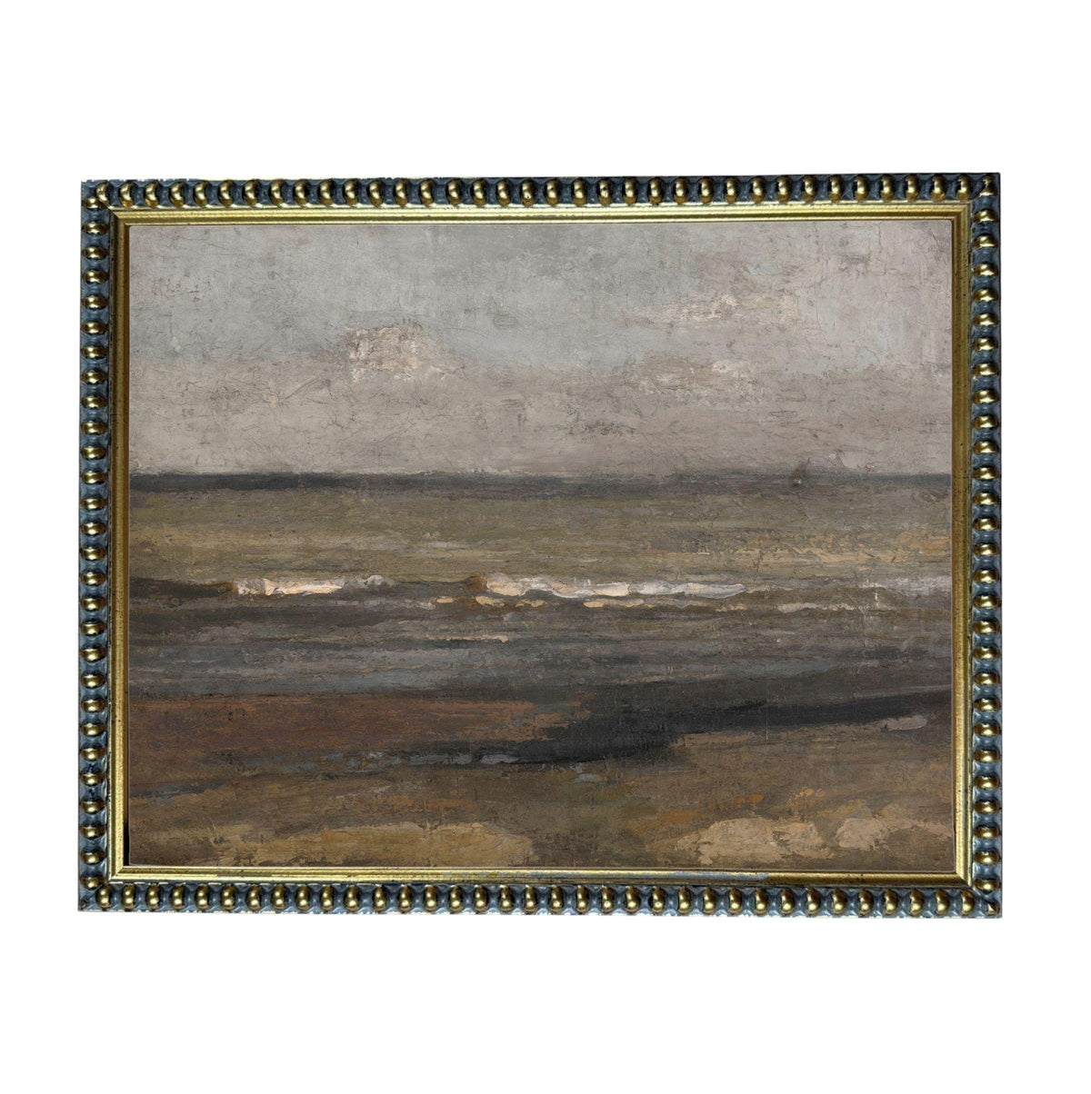 The image is a painting of a serene landscape depicting a body of water, possibly a lake or ocean, with a cloudy sky in the background.