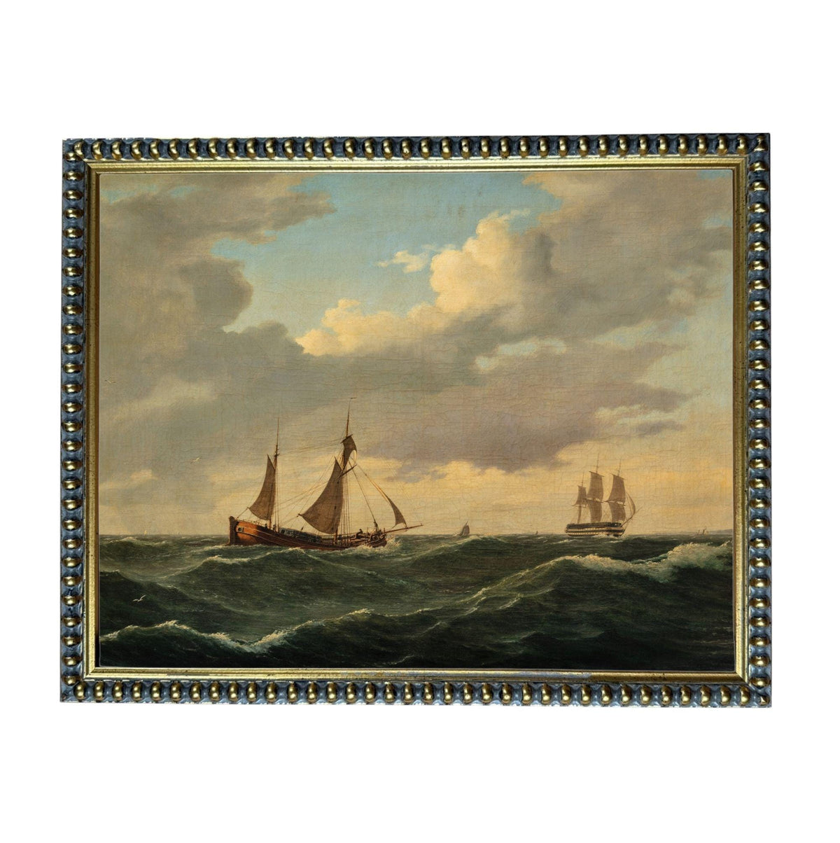 a large sailing ship with two masts navigating through rough seas, with another smaller ship in the distance.