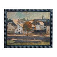 The image is an oil painting depicting a rural landscape with a small town or village in the background. The painting features a variety of buildings, trees, and people, creating a sense of a peaceful, quaint atmosphere.