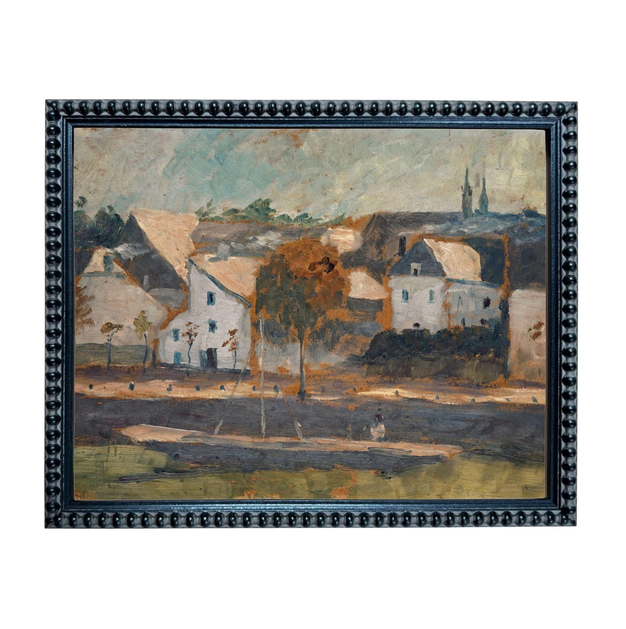 The image is an oil painting depicting a rural landscape with a small town or village in the background. The painting features a variety of buildings, trees, and people, creating a sense of a peaceful, quaint atmosphere.