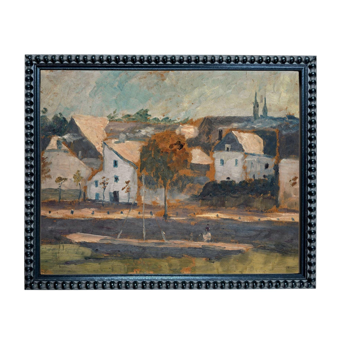 The image is an oil painting depicting a rural landscape with a small town or village in the background. The painting features a variety of buildings, trees, and people, creating a sense of a peaceful, quaint atmosphere.