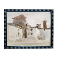 The image is a framed watercolor painting depicting a building with a tower and a chimney, set against a cloudy sky.