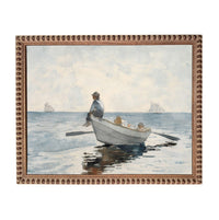 A man is rowing a small boat with two other people in the water, with sailboats visible in the background.