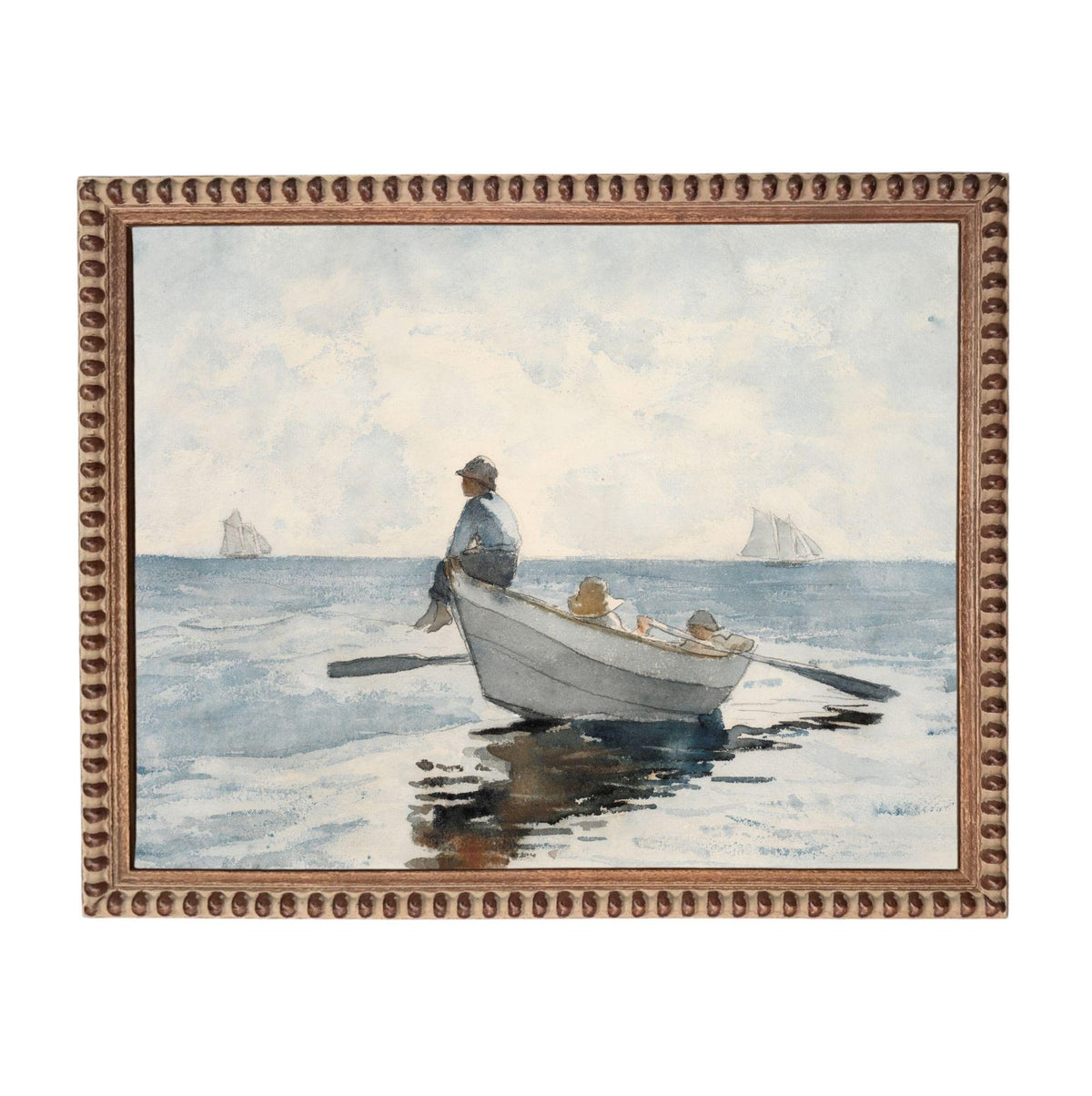 A man is rowing a small boat with two other people in the water, with sailboats visible in the background.