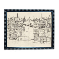 A black and white sketch of a cityscape with tall buildings and a street in the foreground.