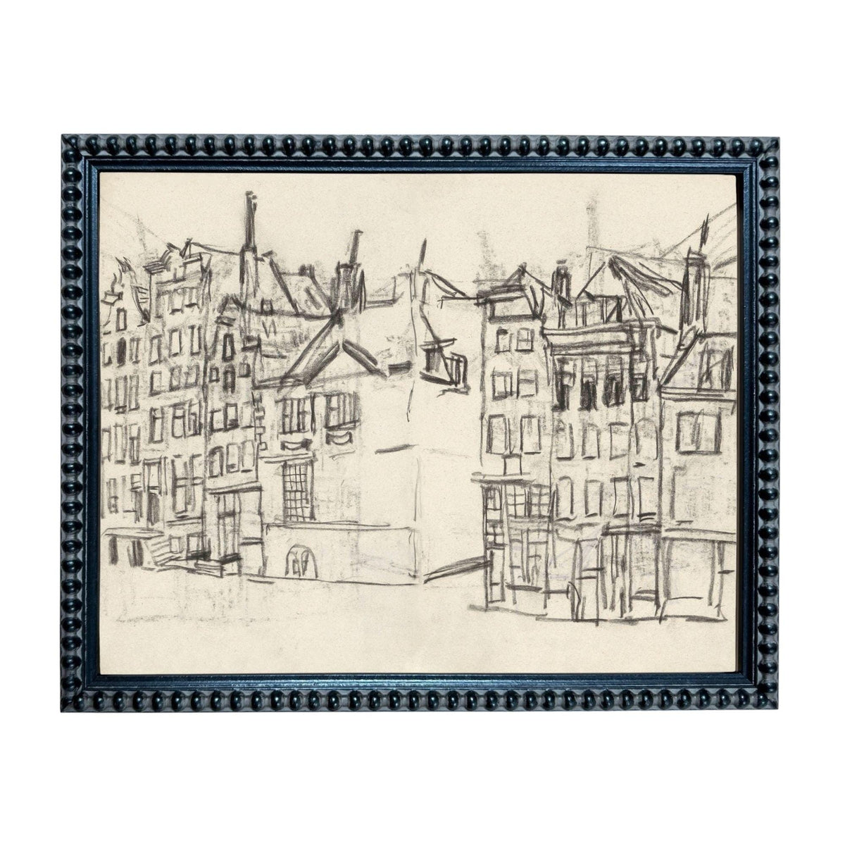 A black and white sketch of a cityscape with tall buildings and a street in the foreground.