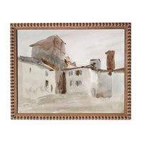The image is a watercolor painting depicting a building with a tower, set against a cloudy sky.