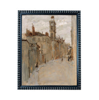The image is an oil painting depicting a city street scene with buildings, people, and a clock tower.