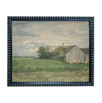 The image is a painting depicting a rural landscape with a barn in the background, surrounded by a grassy field and trees.