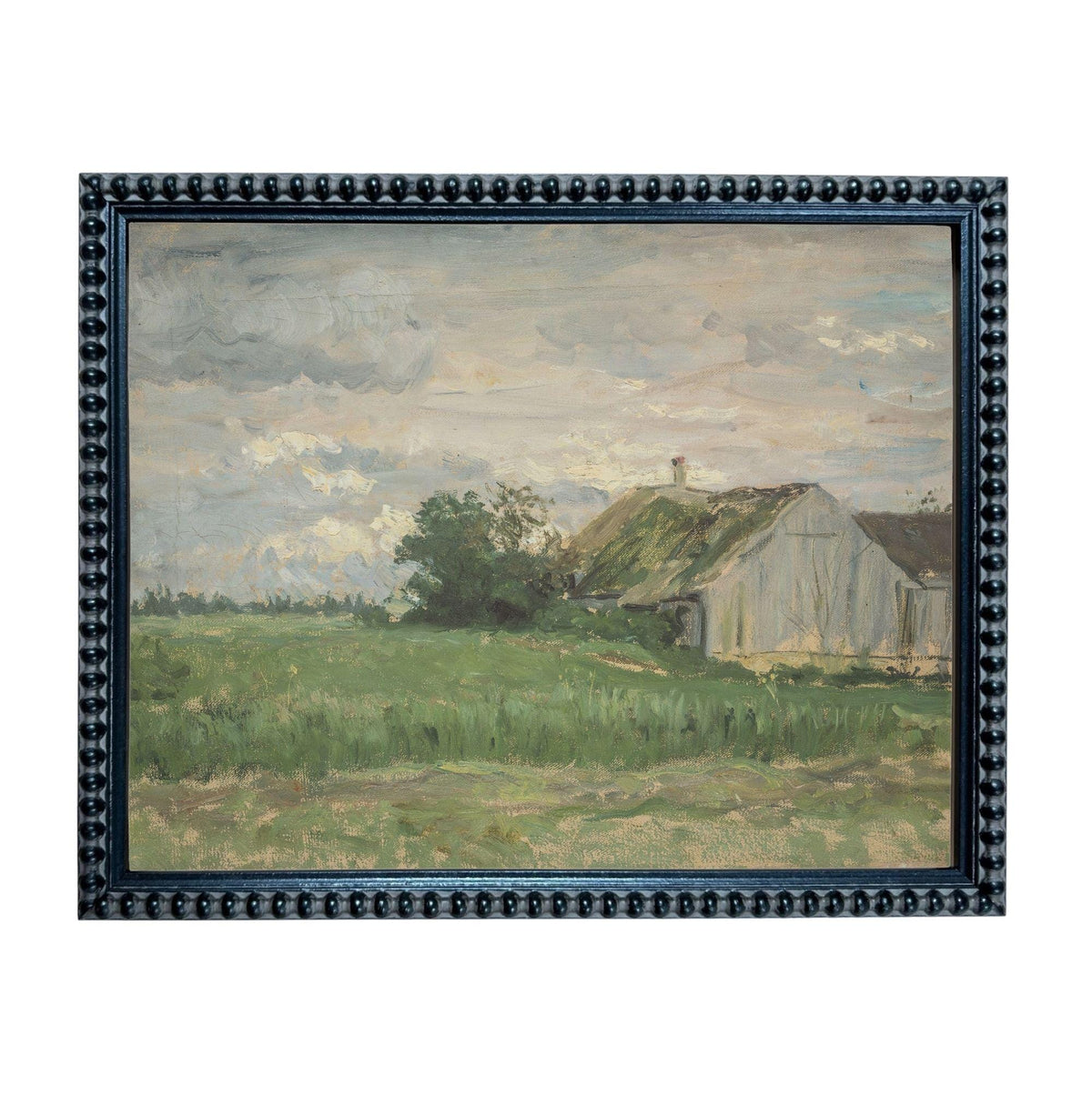 The image is a painting depicting a rural landscape with a barn in the background, surrounded by a grassy field and trees.