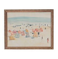 The image is a watercolor painting depicting a beach scene with colorful tents and people enjoying the beach.