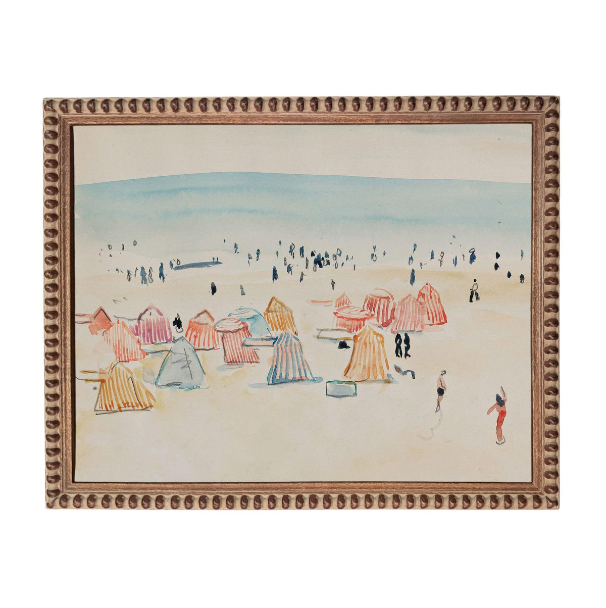 The image is a watercolor painting depicting a beach scene with colorful tents and people enjoying the beach.