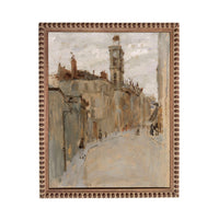 The image is an oil painting depicting a city street scene with buildings, people, and a clock tower.