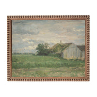 The image is an oil painting depicting a rural landscape with a barn in the background, a field in the foreground, and a cloudy sky above.