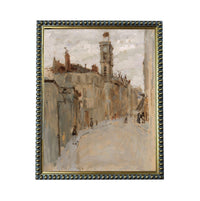 The image is a painting of a city street scene, depicting a tall building, people walking, and a cloudy sky.