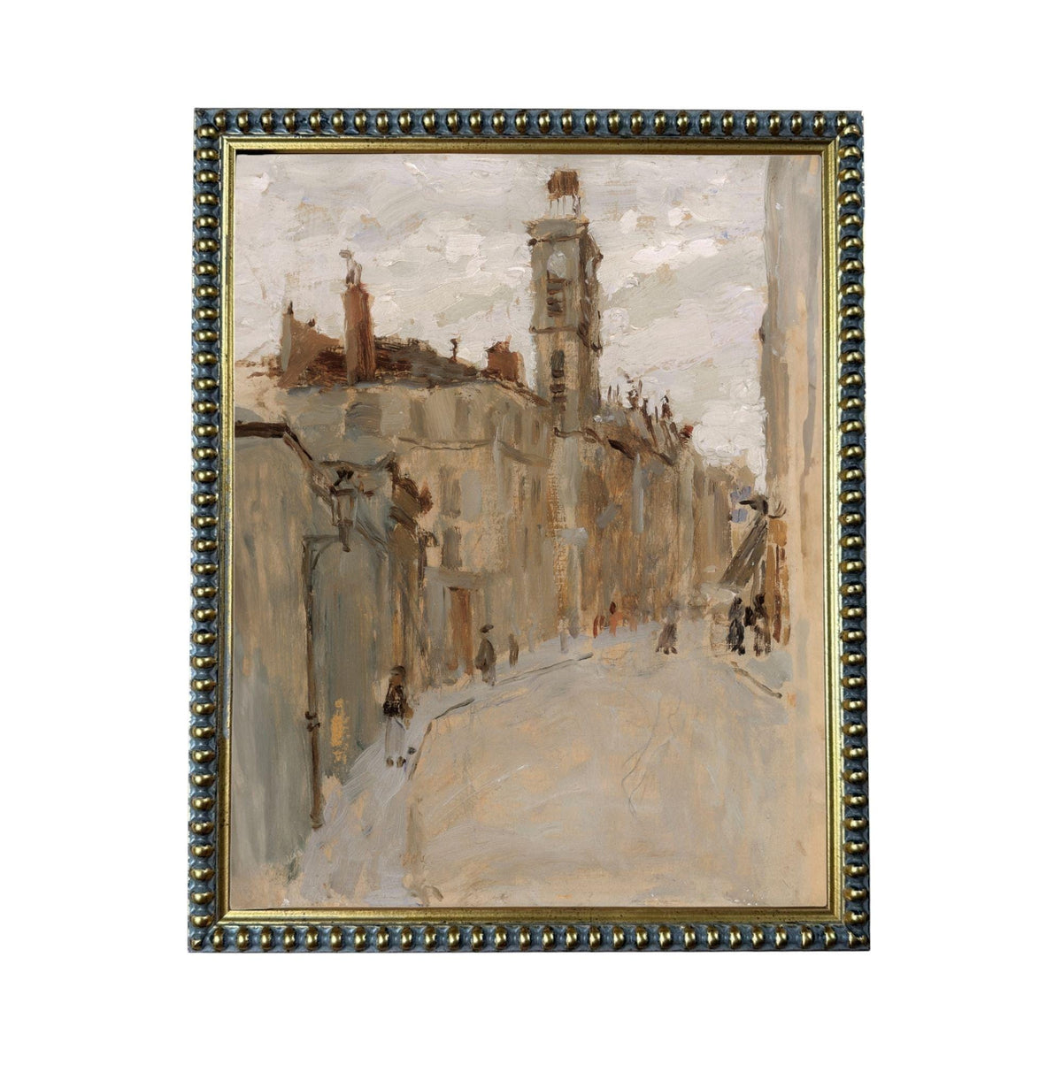 The image is a painting of a city street scene, depicting a tall building, people walking, and a cloudy sky.