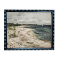 The image is a framed painting depicting a serene beach scene with a sailboat in the distance.