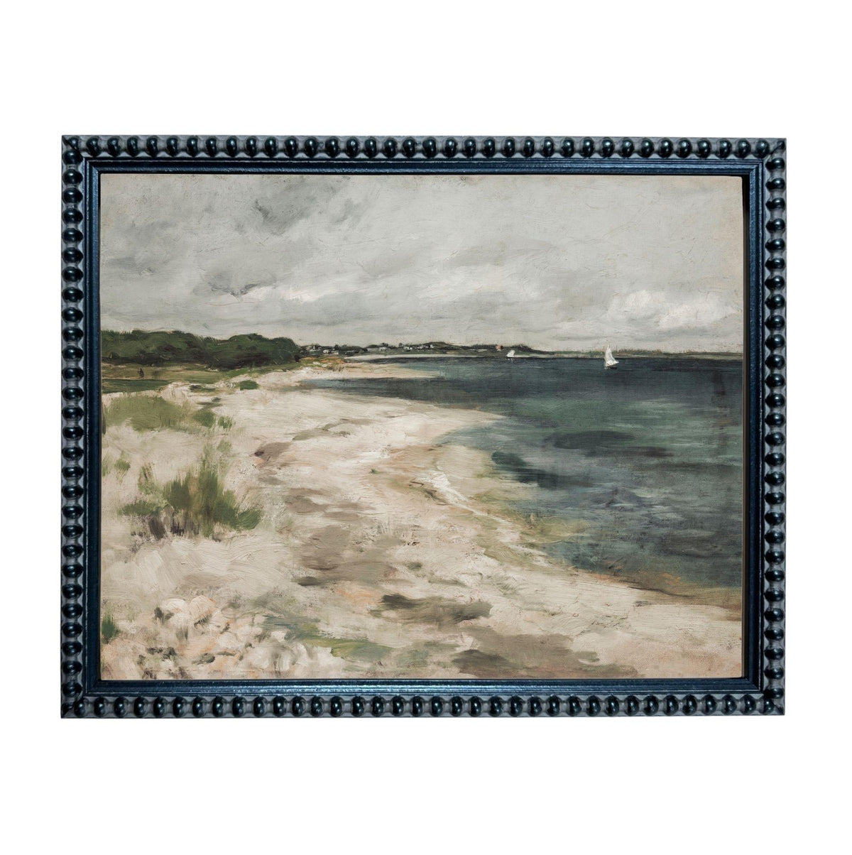 The image is a framed painting depicting a serene beach scene with a sailboat in the distance.