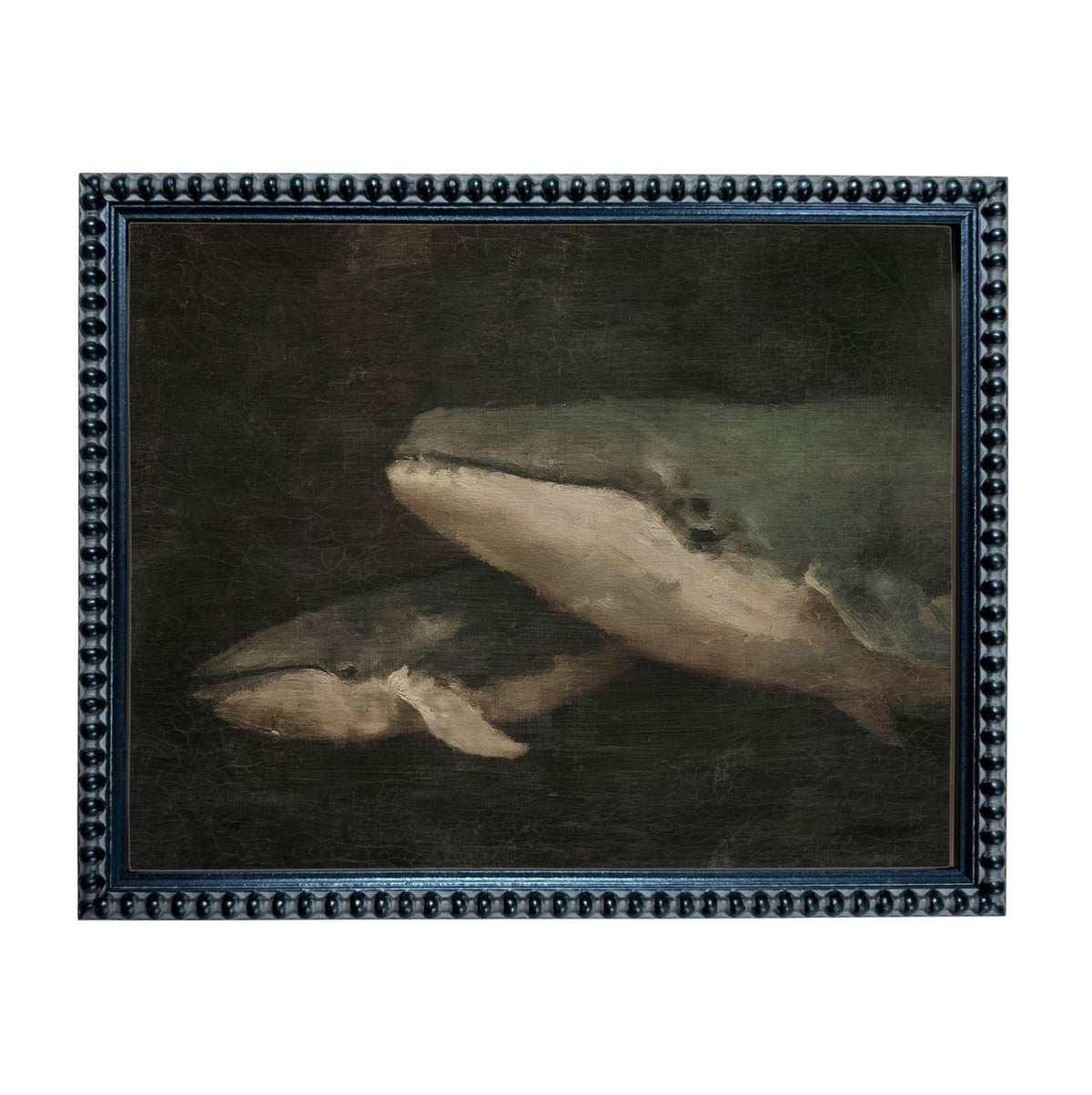 The image is a painting of two large gray whales swimming in the dark, with a dark background.