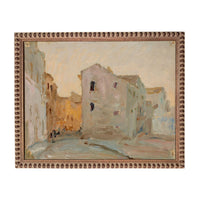 The image is an oil painting depicting a city street scene with buildings and people.