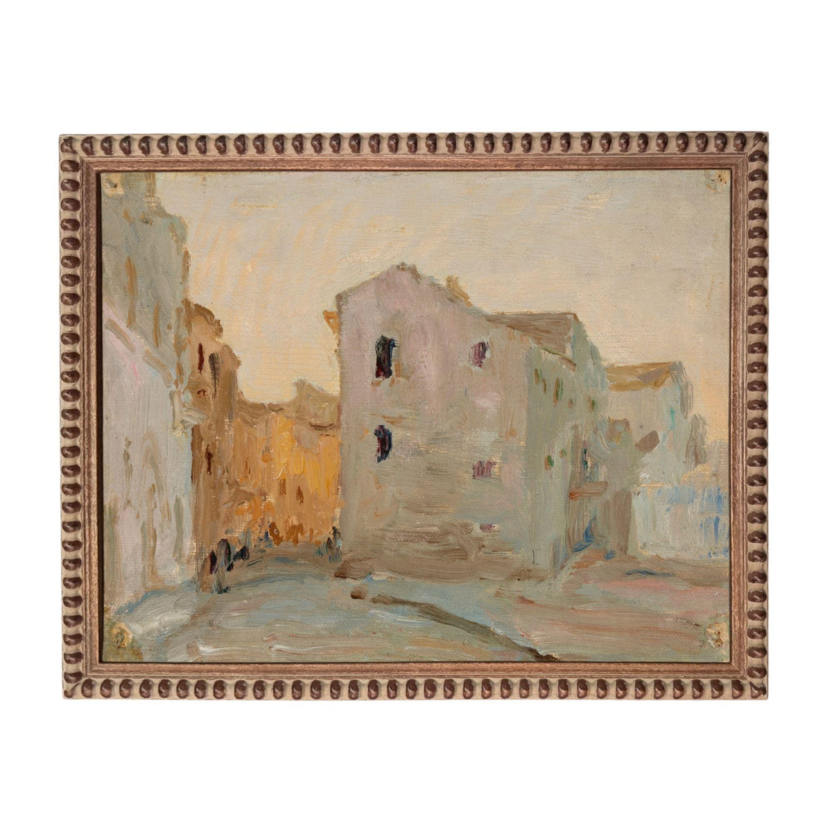 The image is an oil painting depicting a city street scene with buildings and people.