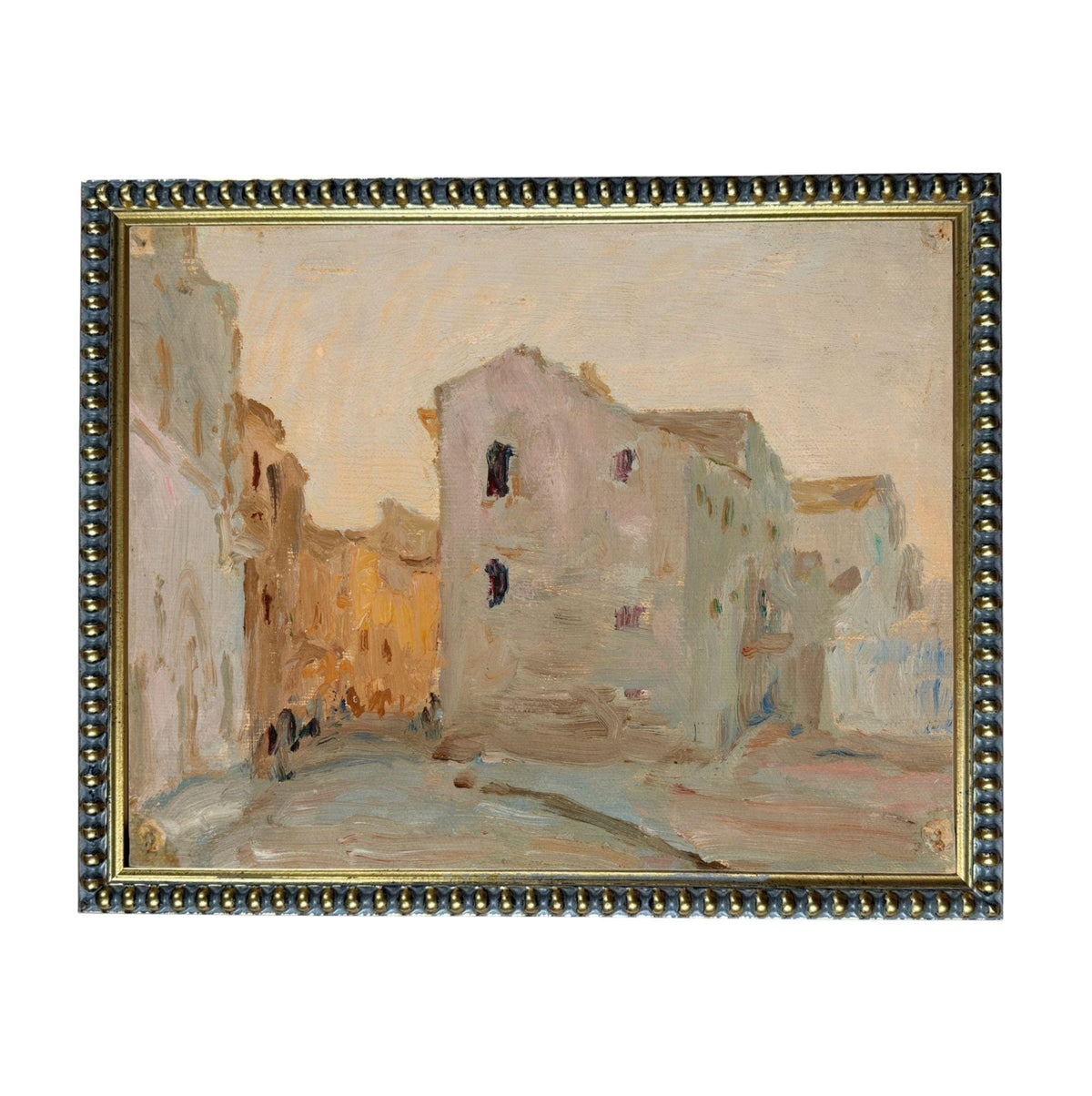 The image is an oil painting depicting a city street scene with buildings and people.