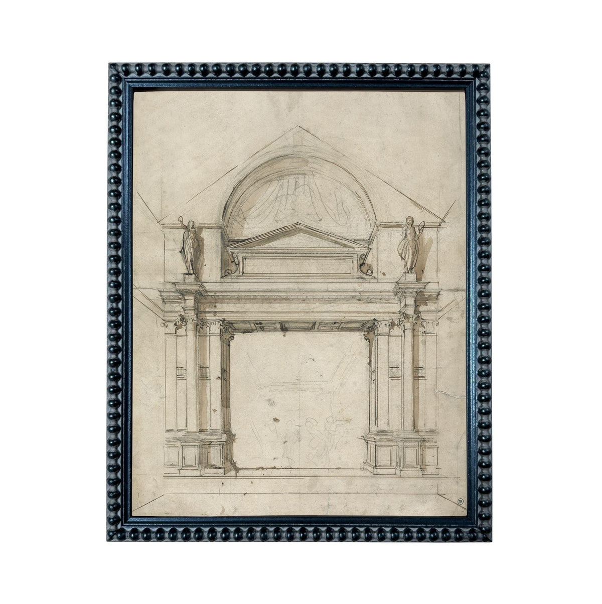 The image is a framed drawing of a classical architectural structure, likely a temple or other type of building.