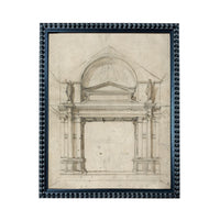 The image is a framed drawing of a classical architectural structure, likely a temple or other type of building.