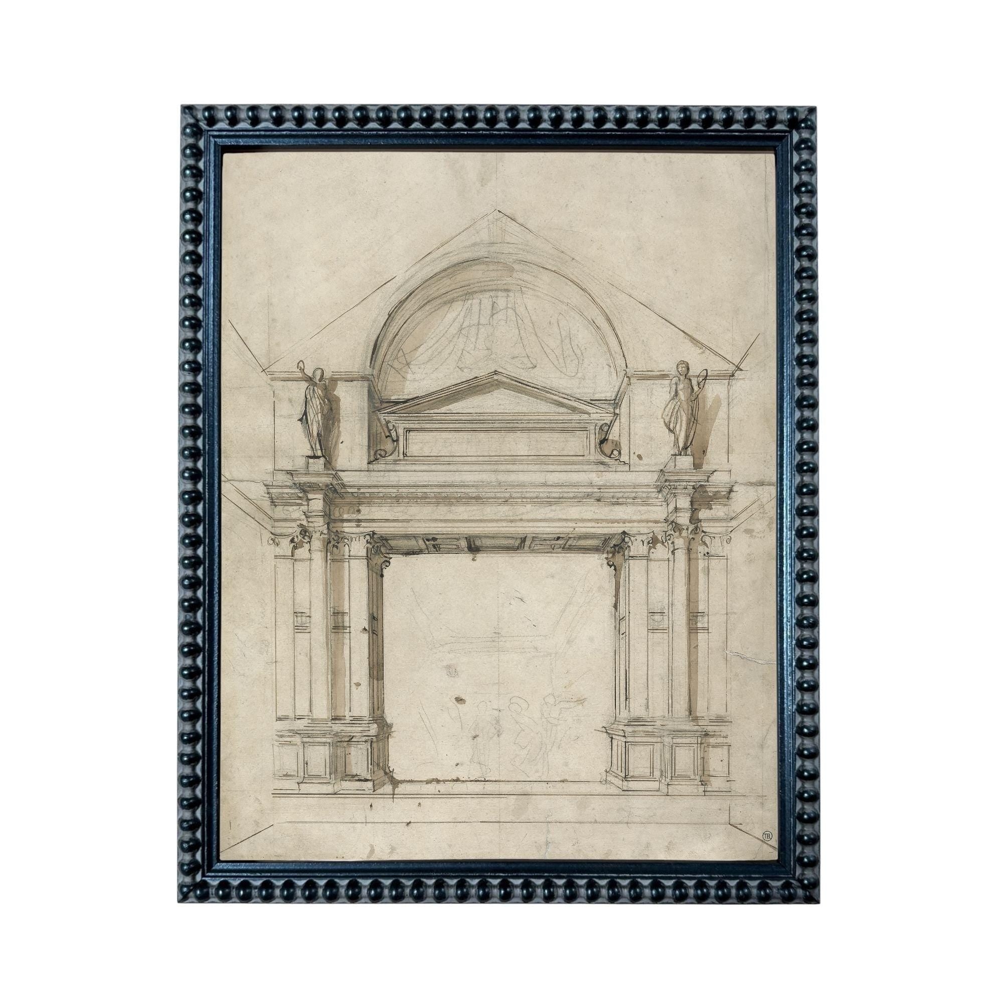 The image is a framed drawing of a classical architectural structure, likely a temple or other type of building.