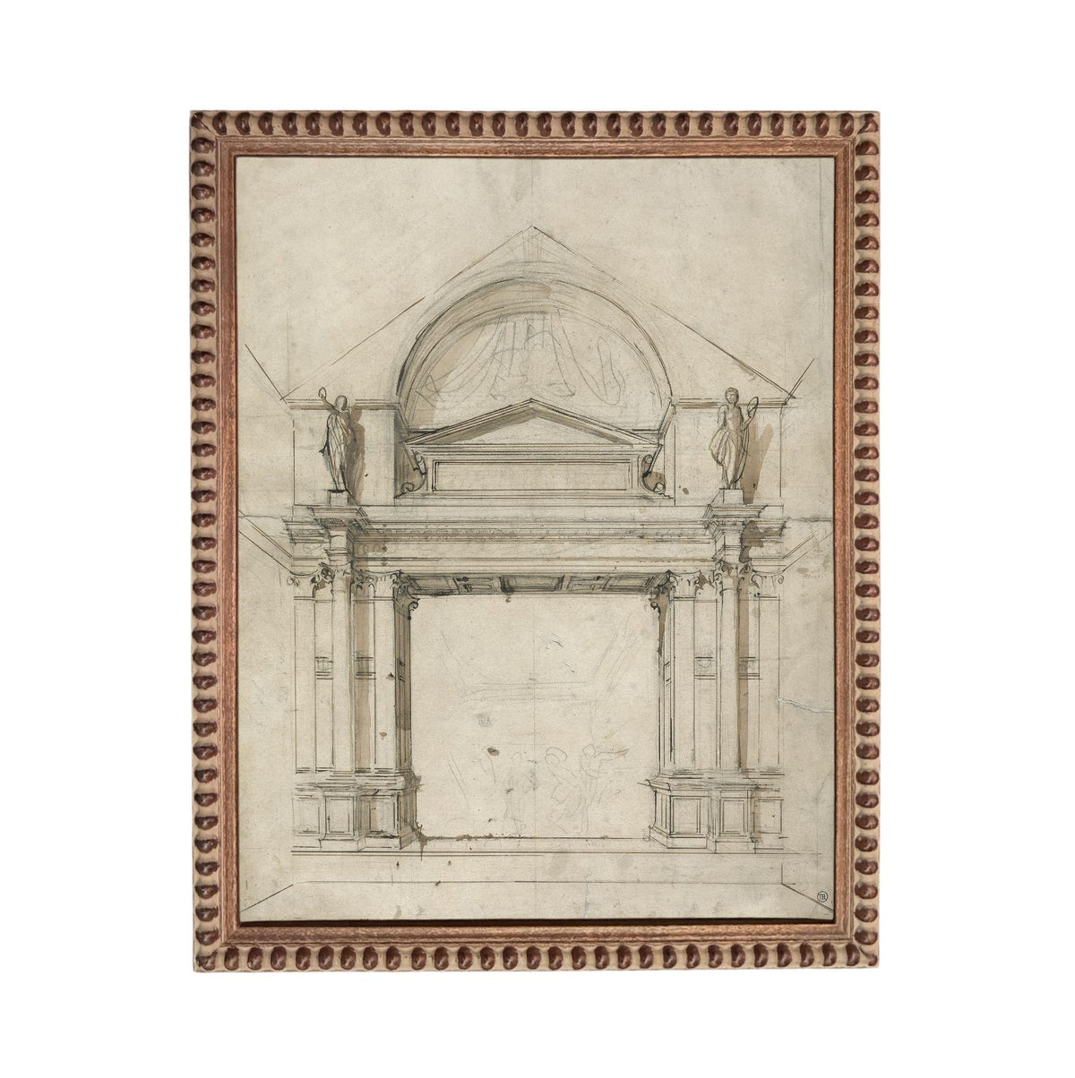 The image is a sketch of an architectural structure, possibly a building or monument, with a detailed drawing of the facade and columns.