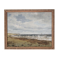 The image is a painting of a beach scene with waves crashing on the shore and a bird flying in the sky.