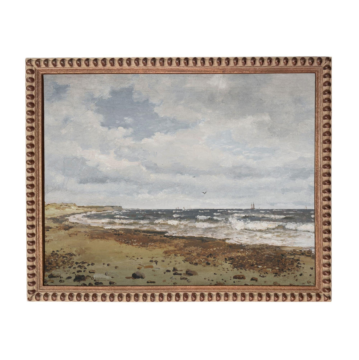 The image is a painting of a beach scene with waves crashing on the shore and a bird flying in the sky.