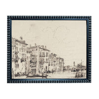 The image is a black and white sketch of a cityscape, featuring buildings, boats, and a river.