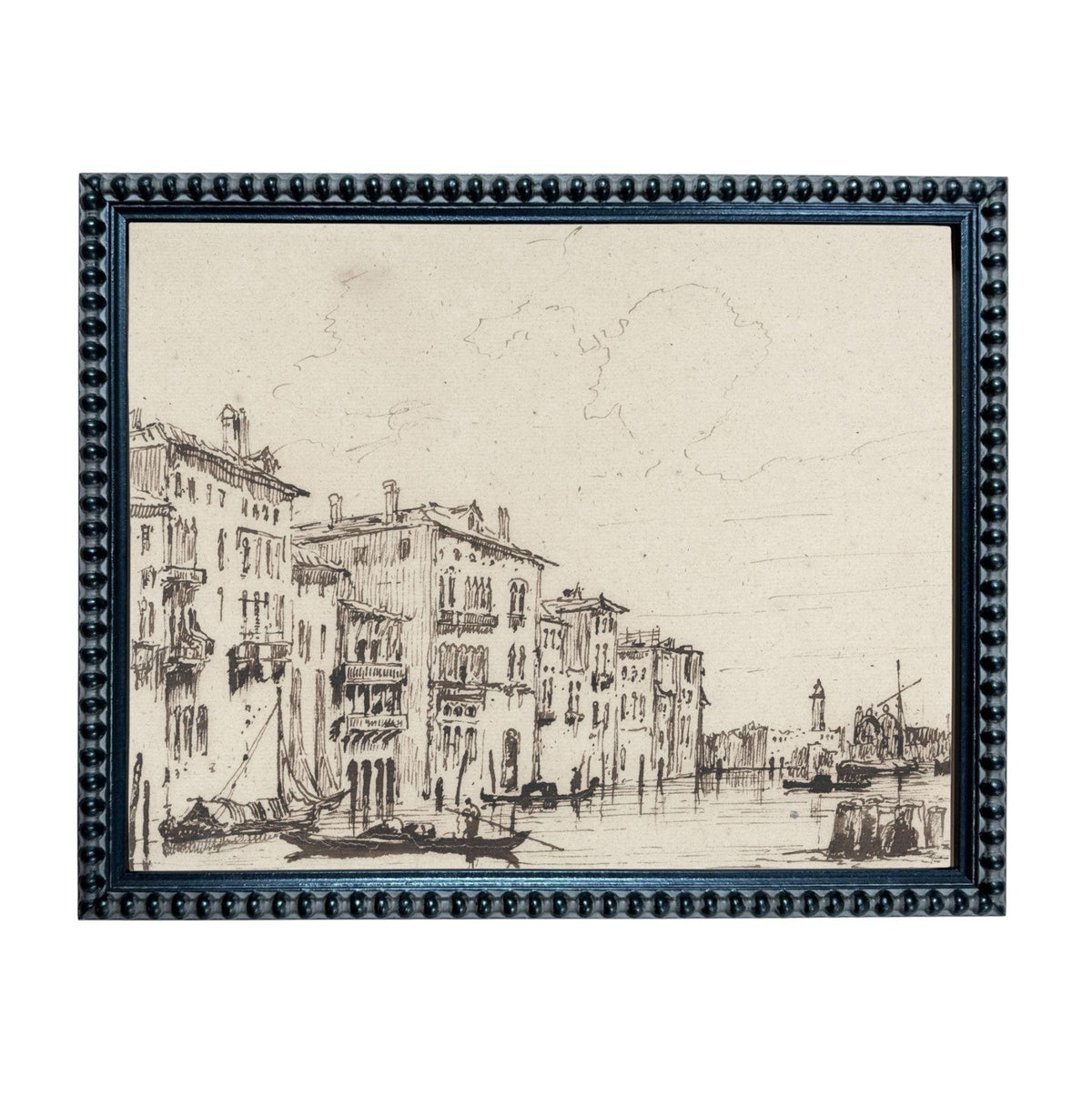 The image is a black and white sketch of a cityscape, featuring buildings, boats, and a river.