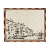 The image is a black and white sketch of a cityscape with buildings, boats, and a river.