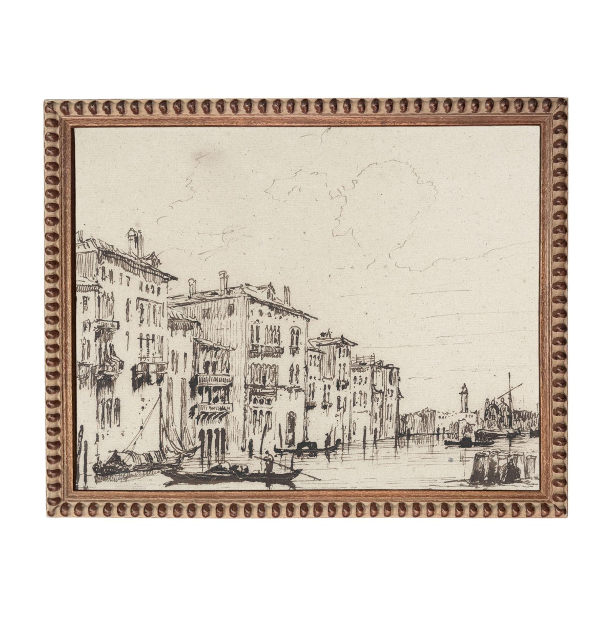 The image is a black and white sketch of a cityscape with buildings, boats, and a river.