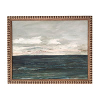 The image is a painting of a serene ocean scene with a cloudy sky above.