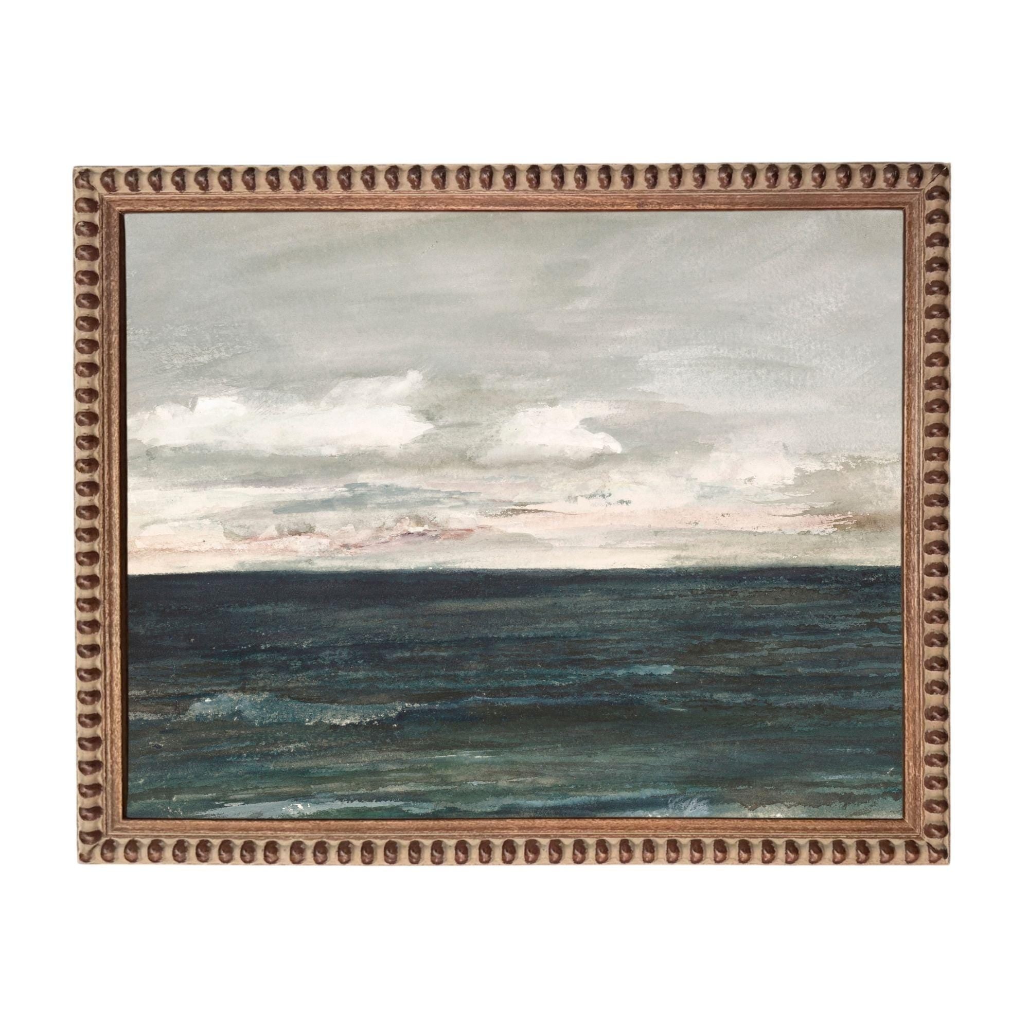 The image is a painting of a serene ocean scene with a cloudy sky above.