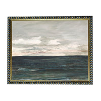 The image is a painting of a serene ocean scene with a cloudy sky above.