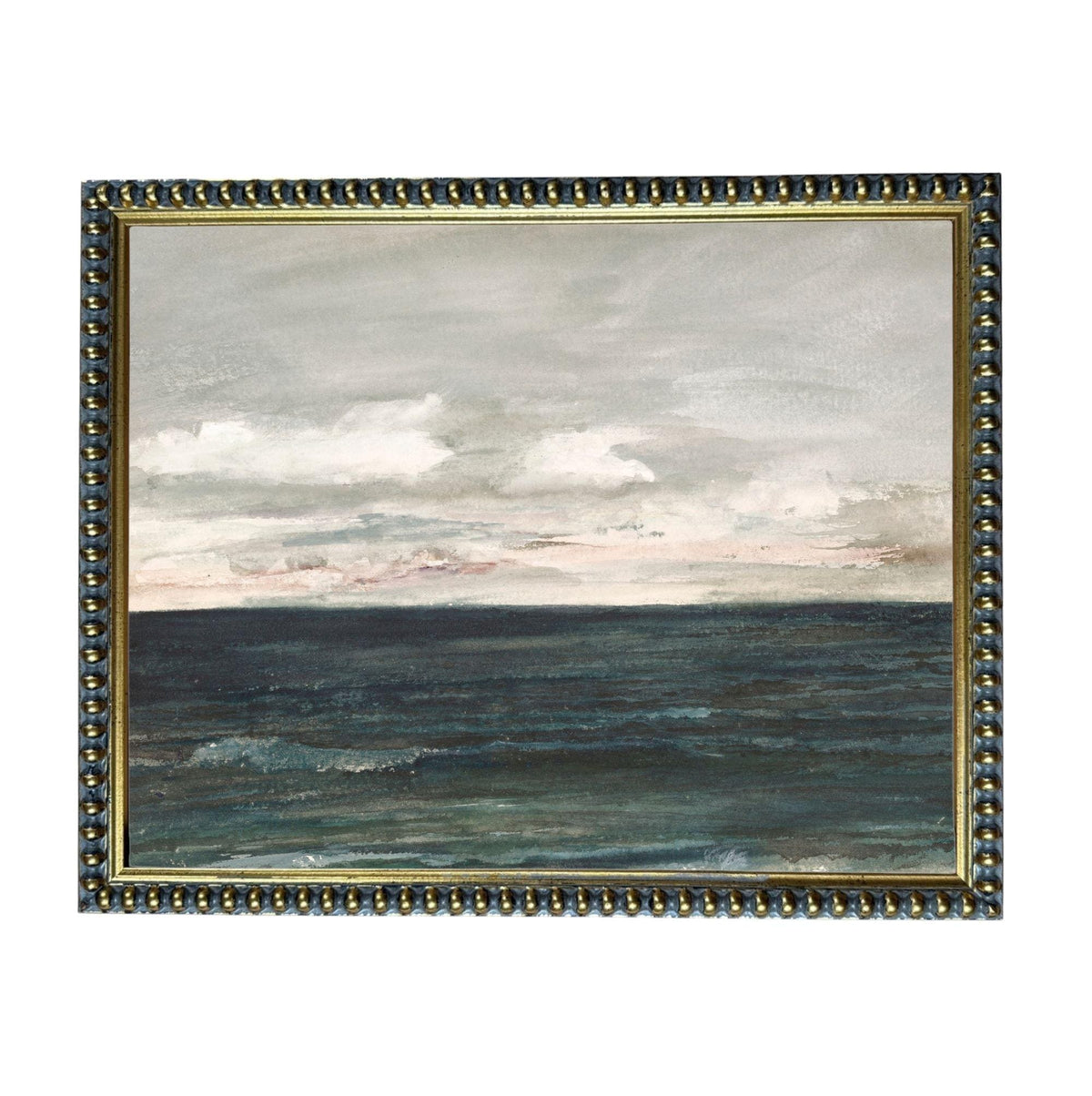 The image is a painting of a serene ocean scene with a cloudy sky above.