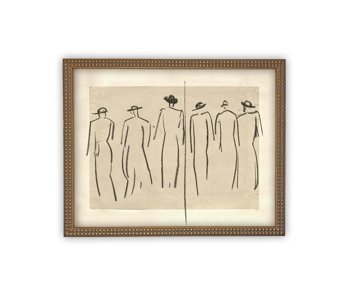 READY TO SHIP 8X10 Vintage Framed Canvas Art: Women Walking Sketch Print