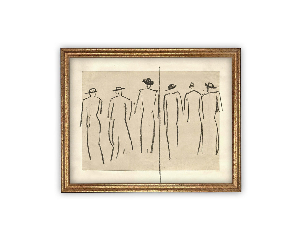 READY TO SHIP 8X10 Vintage Framed Canvas Art: Women Walking Sketch Print