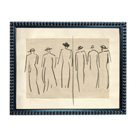 The image is a framed artwork depicting a group of stylized human figures in a line, with a simple black and white color scheme.